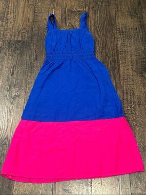 LOFT Petites Colorblock Maxi Linen Dress- Royal Blue and Hot Pink